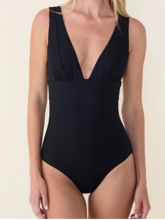 Andie Other - Andie Swim Mykonos Black Ribbed Deep V One-Piece Swimsuit
